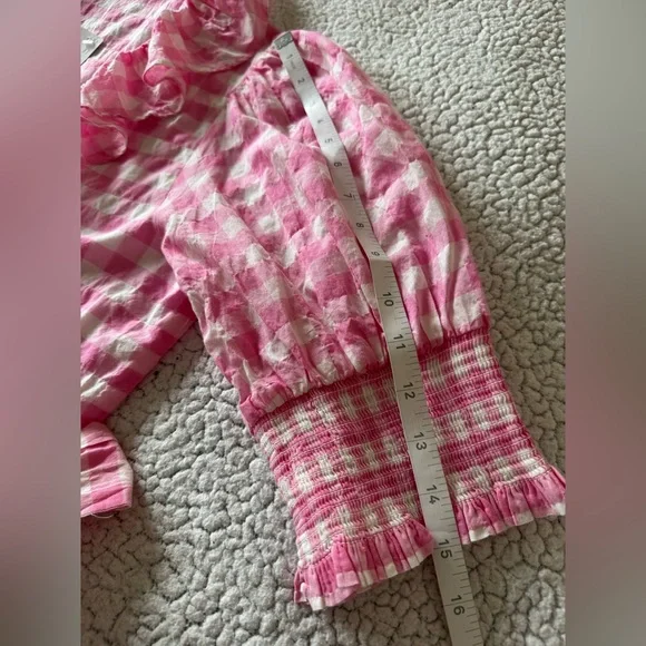 NWT J.Crew Pink Gingham Ruffle Wrap Short Sleeve Top Blouse Size L - Picture 9 of 11